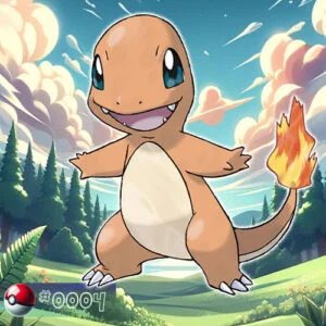 Charmander Pokémon with a fiery tail in a woodland forest