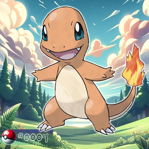 Charmander 1 Charmander Pokémon with a fiery tail in a woodland forest