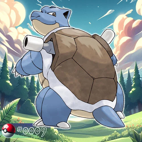 Blastoise Pokémon in a forest, water cannons visible