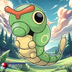 Pokémon Generation I 19 Caterpie Pokémon crawling on a forest leaf