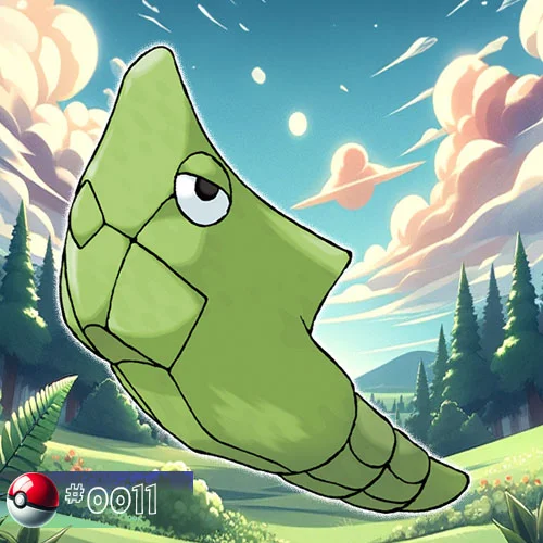 Metapod Pokémon hanging from a tree branch in a forest