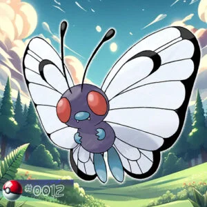 Flying type 11 Butterfree Pokémon with wings outstretched in a forest glade