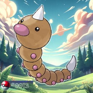 Pokémon Generation I 22 Weedle Pokémon on a forest plant