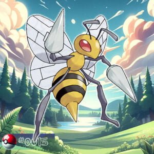 Pokémon Generation I 24 Beedrill Pokémon hovering in a forest clearing
