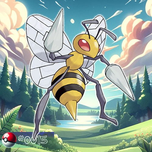 Beedrill Pokémon hovering in a forest clearing