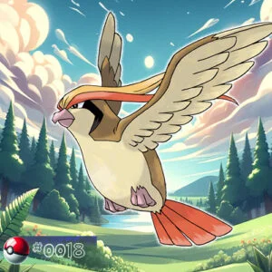 Flying type 14 Majestic Pidgeot Pokémon soaring over the forest