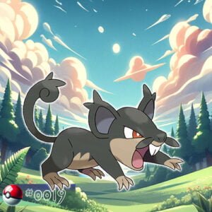 Dark type 12 Rattata alolan form Pokémon foraging on the forest floor
