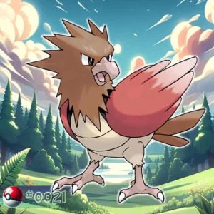 Flying type 15 Spearow Pokémon in a dynamic forest environment