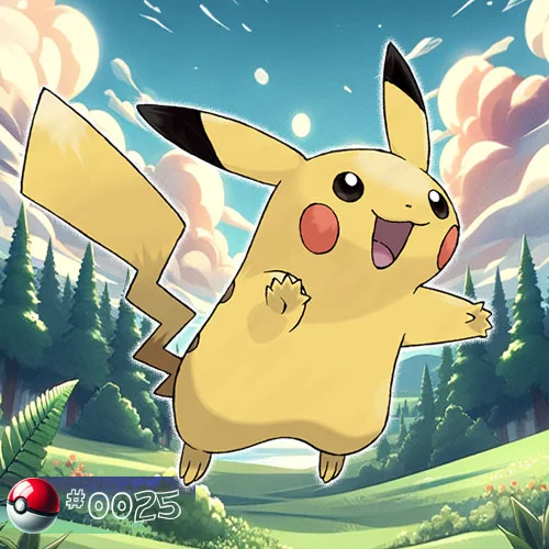 Pikachu Pokémon with an electric spark in a forest