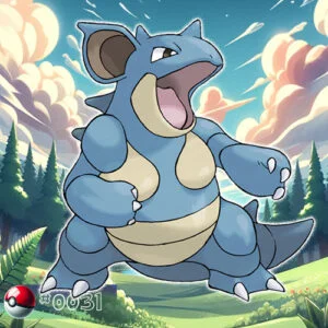Nidoqueen Pokémon standing regally in a forest landscape
