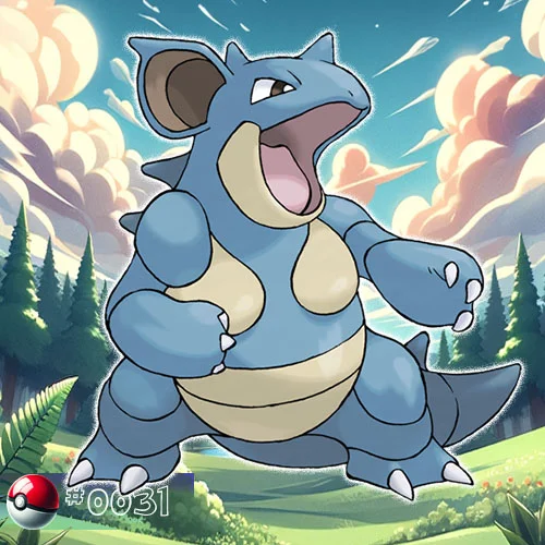 Nidoqueen Pokémon standing regally in a forest landscape
