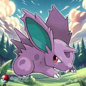 Pokémon Generation I 46 Nidoran♂ Pokémon with a backdrop of forest flora