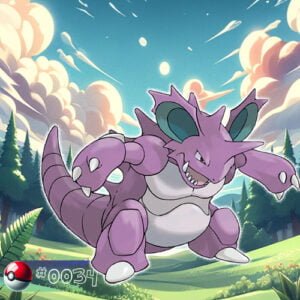 Pokémon Generation I 48 Nidoking Pokémon amidst a forest setting