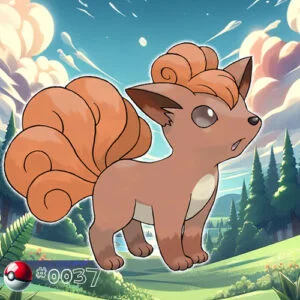 Vulpix Pokémon with six tails in a serene forest