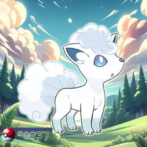 Pokémon Generation I 52 Vulpix Pokémon alolan form with six tails in a serene forest