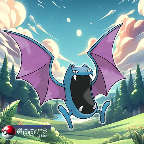Golbat Pokémon with open mouth in a dark forest