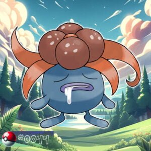 Pokémon Generation I 60 Gloom Pokémon exuding spores in a misty forest