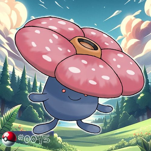 Vileplume 19 Vileplume Pokémon with large petal in a vibrant forest