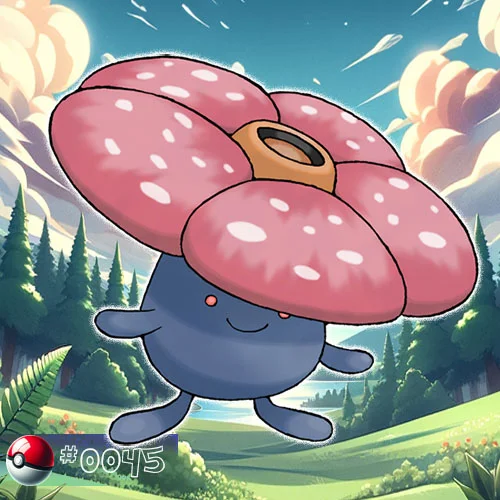 Vileplume Pokémon with large petal in a vibrant forest