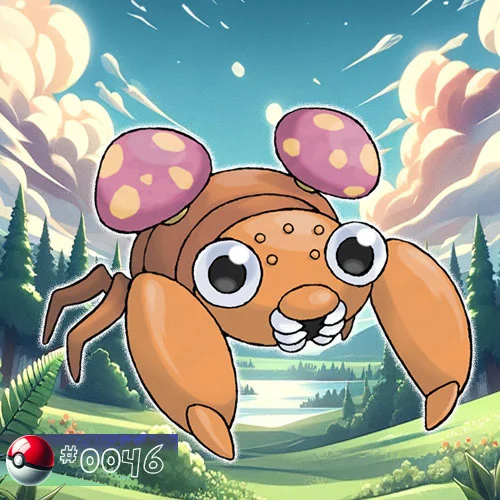 Paras Pokémon with mushrooms on back in a damp forest