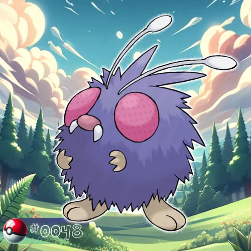Venonat Pokémon with furry body in a dense forest thicket