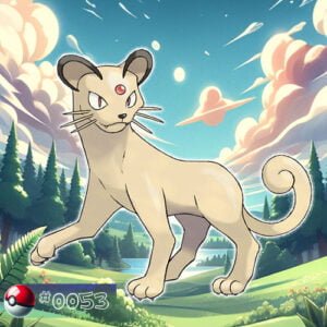 Pokémon Generation I 73 Persian Pokémon with elegant stance in a lush forest