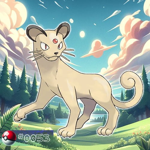 Persian 1 Persian Pokémon with elegant stance in a lush forest