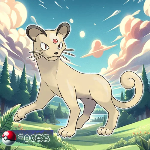 Meowth 7 Persian Pokémon with elegant stance in a lush forest