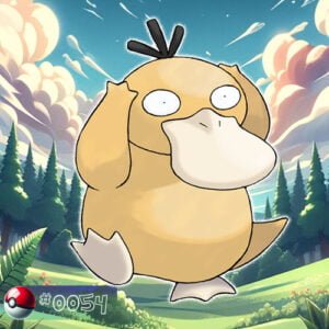 Pokémon Generation I 75 Psyduck Pokémon with a confused look by a forest pond
