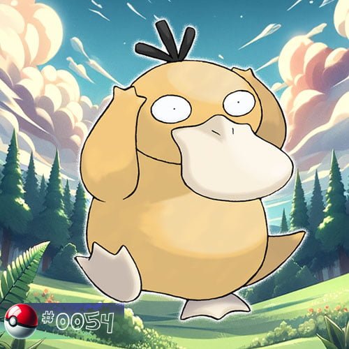 Psyduck 1 Psyduck Pokémon with a confused look by a forest pond