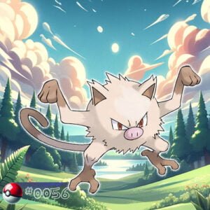 Pokémon Generation I 77 Mankey Pokémon swinging from a forest vine