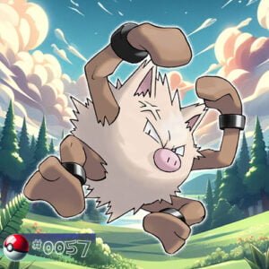 Pokémon Generation I 78 Primeape Pokémon in a fierce pose in a forest