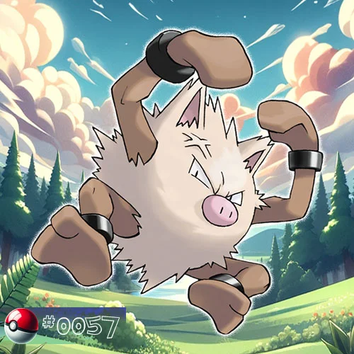 Primeape Pokémon in a fierce pose in a forest