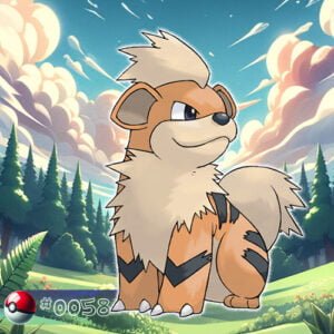 Pokémon Generation I 79 Growlithe Pokémon with a fiery mane in a forest clearing