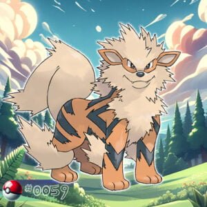 Pokémon Generation I 81 Arcanine Pokémon majestic and proud in a forest setting