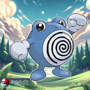 Pokémon Generation I 84 Poliwhirl Pokémon spinning in a forest puddle