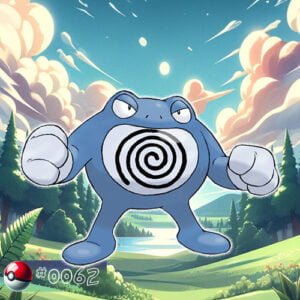 Pokémon Generation I 85 Poliwrath Pokémon flexing muscles by a forest stream