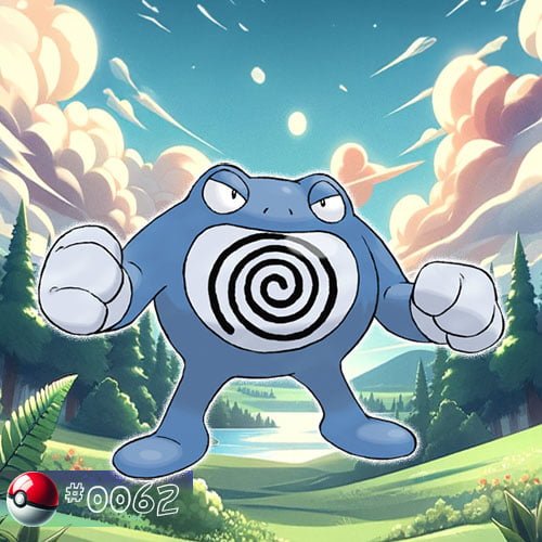 Poliwrath 38 Poliwrath Pokémon flexing muscles by a forest stream