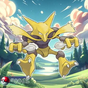 Pokémon Generation I 88 Alakazam Pokémon with two spoons in a forest of illusion