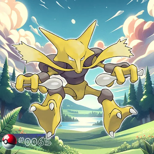 Abra 8 Alakazam Pokémon with two spoons in a forest of illusion