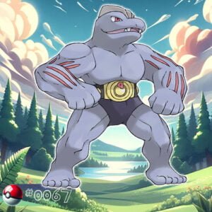 Pokémon Generation I 90 Machoke Pokémon showing off strength in a forest