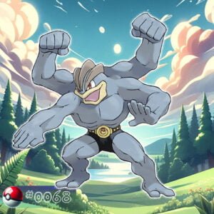 Pokémon Generation I 91 Machamp Pokémon with multiple arms ready for battle in a forest