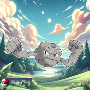 Pokémon Generation I 97 Geodude Pokémon perched on a rocky forest outcrop