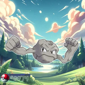 Geodude Pokémon perched on a rocky forest outcrop