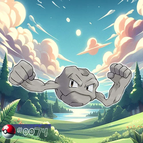 Geodude Pokémon perched on a rocky forest outcrop