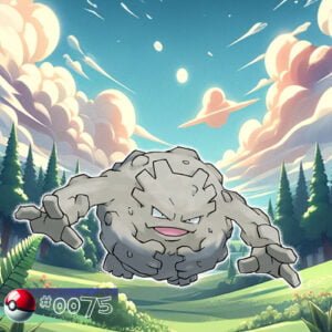 Pokémon Generation I 99 Graveler Pokémon rolling along a forest mountain path