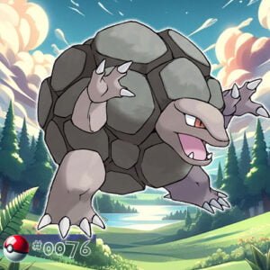 Pokémon Generation I 101 Golem Pokémon in a sturdy stance among forest boulders