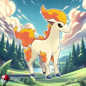 Pokémon Generation I 103 Ponyta Pokémon with fiery mane galloping in a forest clearing