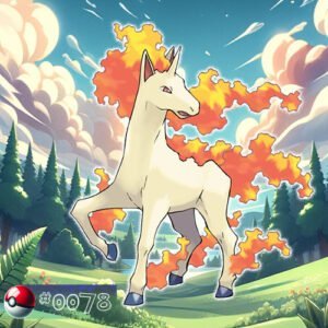 Pokémon Generation I 104 Rapidash Pokémon with blazing tail racing through a forest