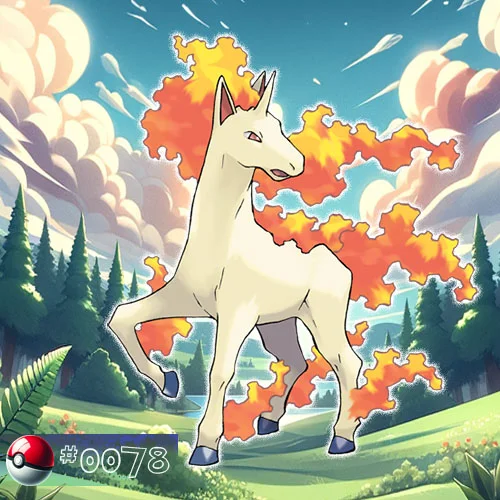 Rapidash Pokémon with blazing tail racing through a forest